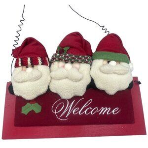 Santa Christmas welcome sign 3 Santas red plush rectangle 13x10" wood READ